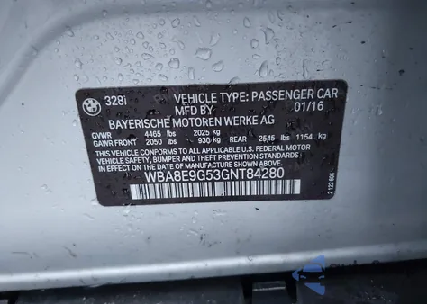 2016 BMW 328I z USA, uszkodzony, nr VIN WBA8E9G53GNT84280